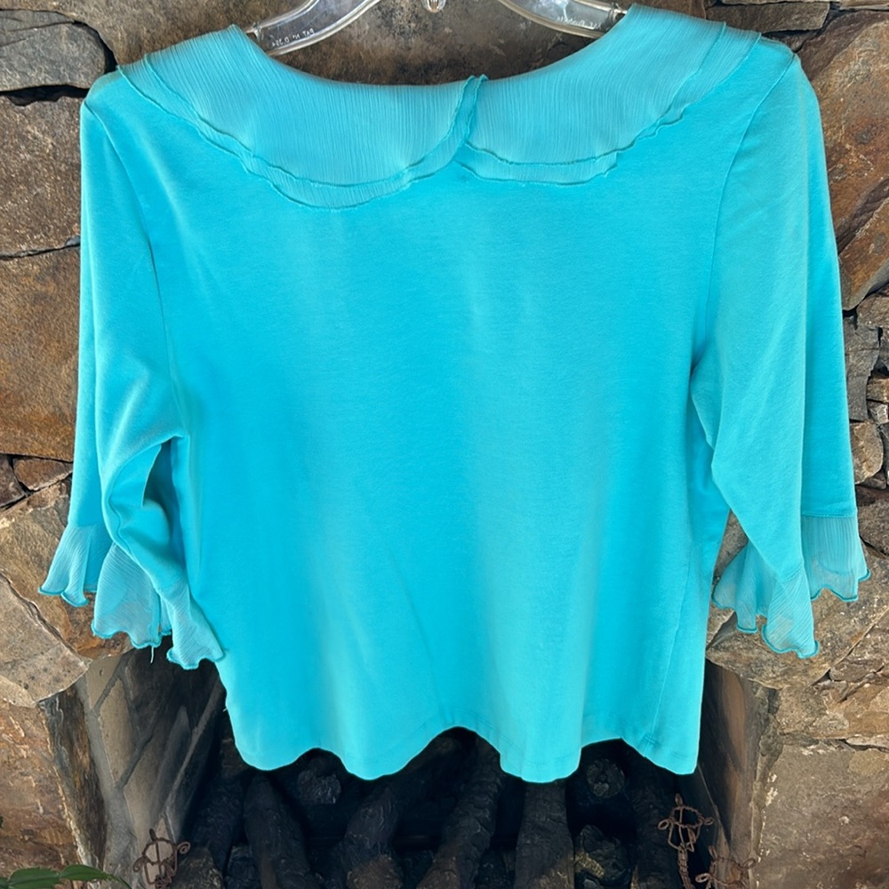 Ruby Rd. Petite Large Light Teal Blue Top with Ruffle V Neck; Perfect Condition - Picture 3 of 7